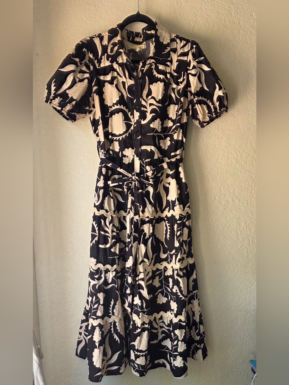 Black and Cream Floral-Print Button Midi Dress with Tie Waist